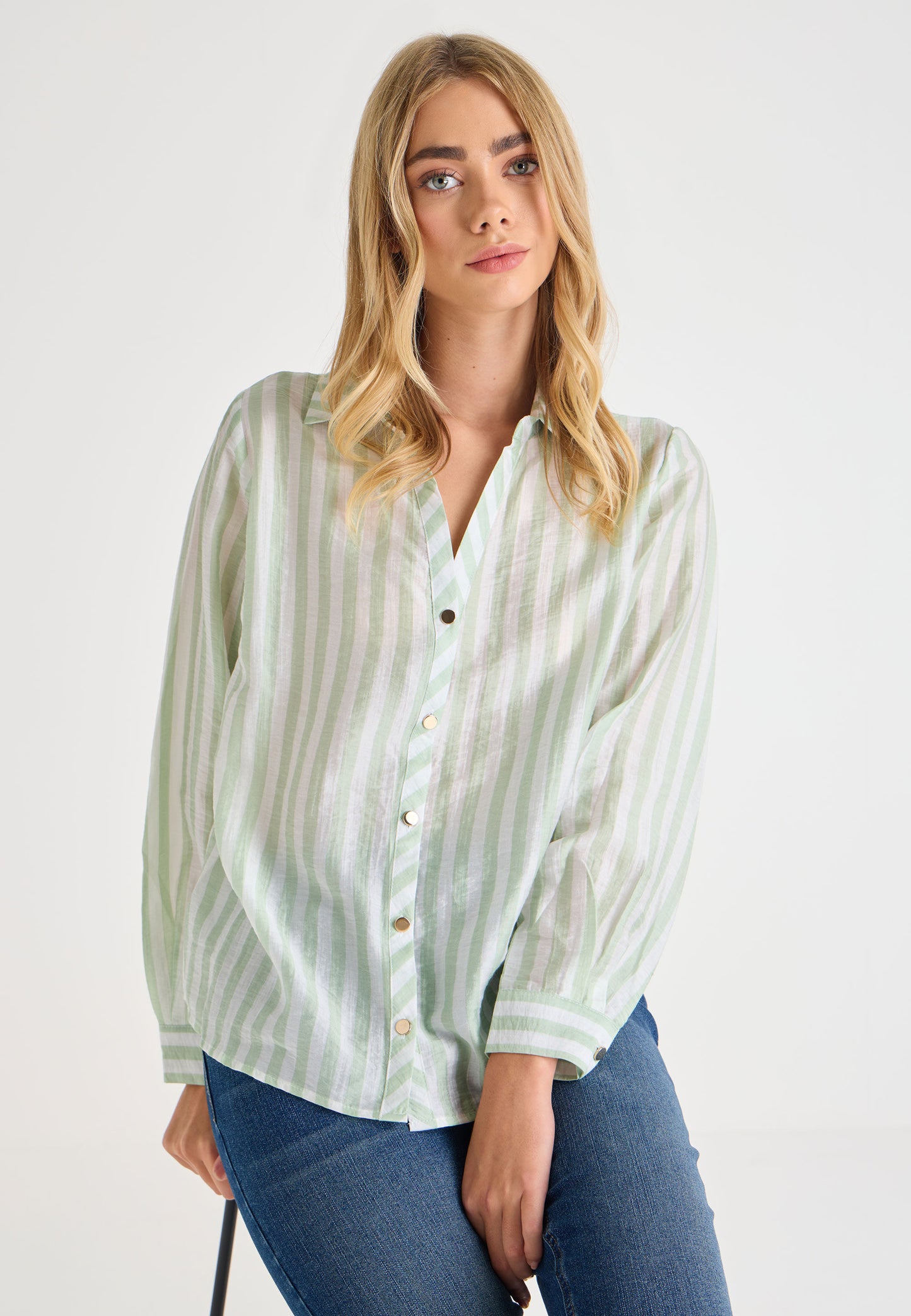 Peacocks Womens Green Stripe Long Sleeve Shirt