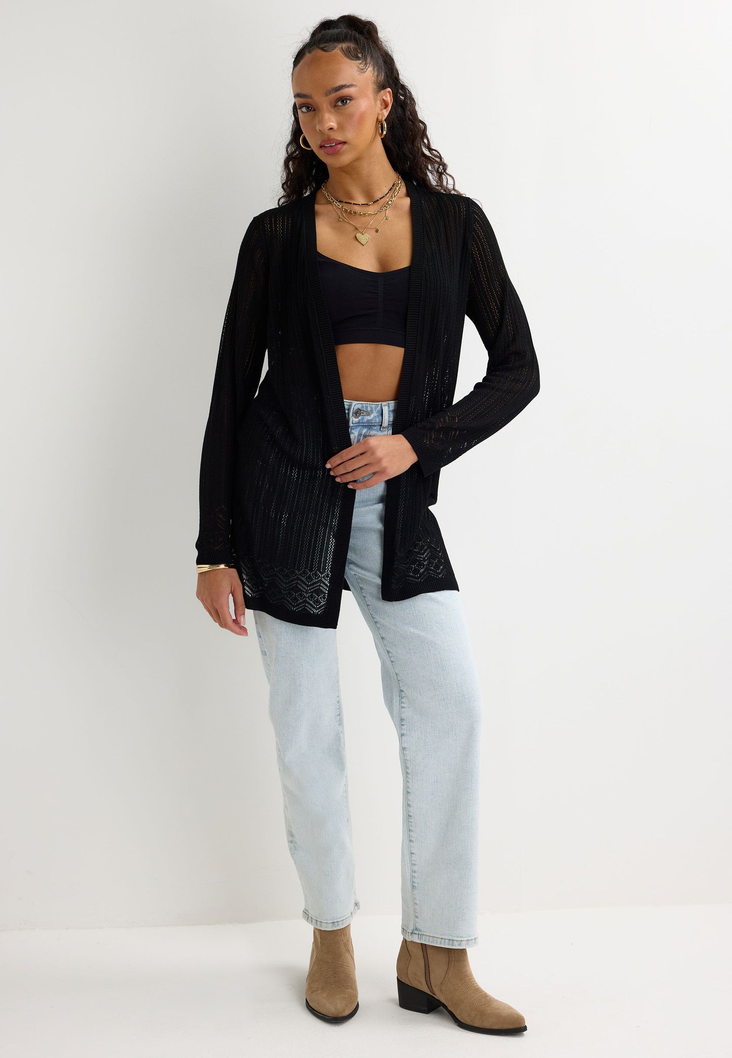 Peacocks Womens Black Pointelle Longline Cardigan