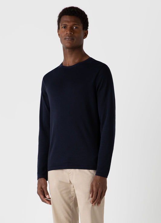 Sunspel Men's Sea Island Cotton Crew Neck Jumper in Light Navy