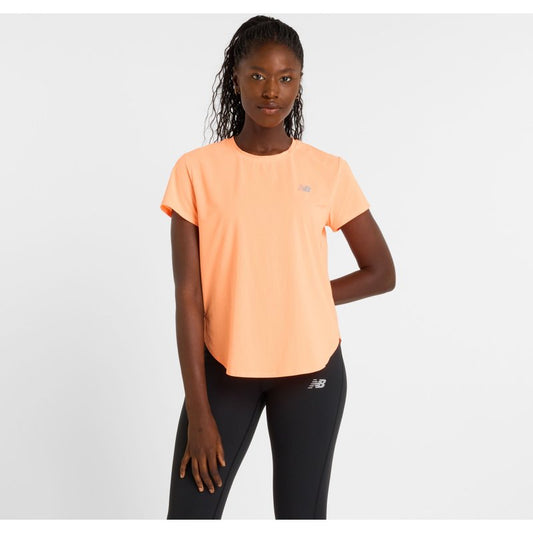 New Balance Women's Race Day Ultra Light T-Shirt in Orange Poly Knit, size Large
