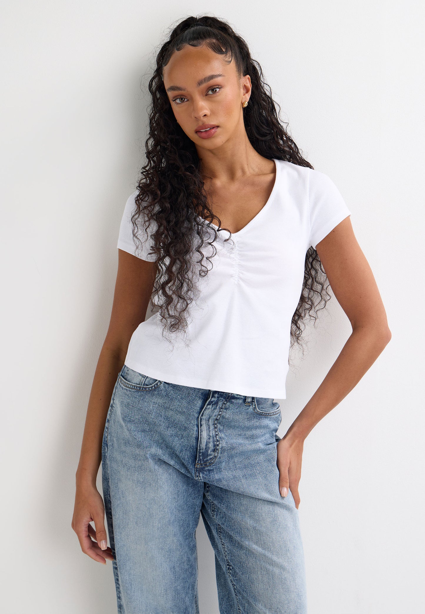 Peacocks Womens White Ruched Short Sleeve Top