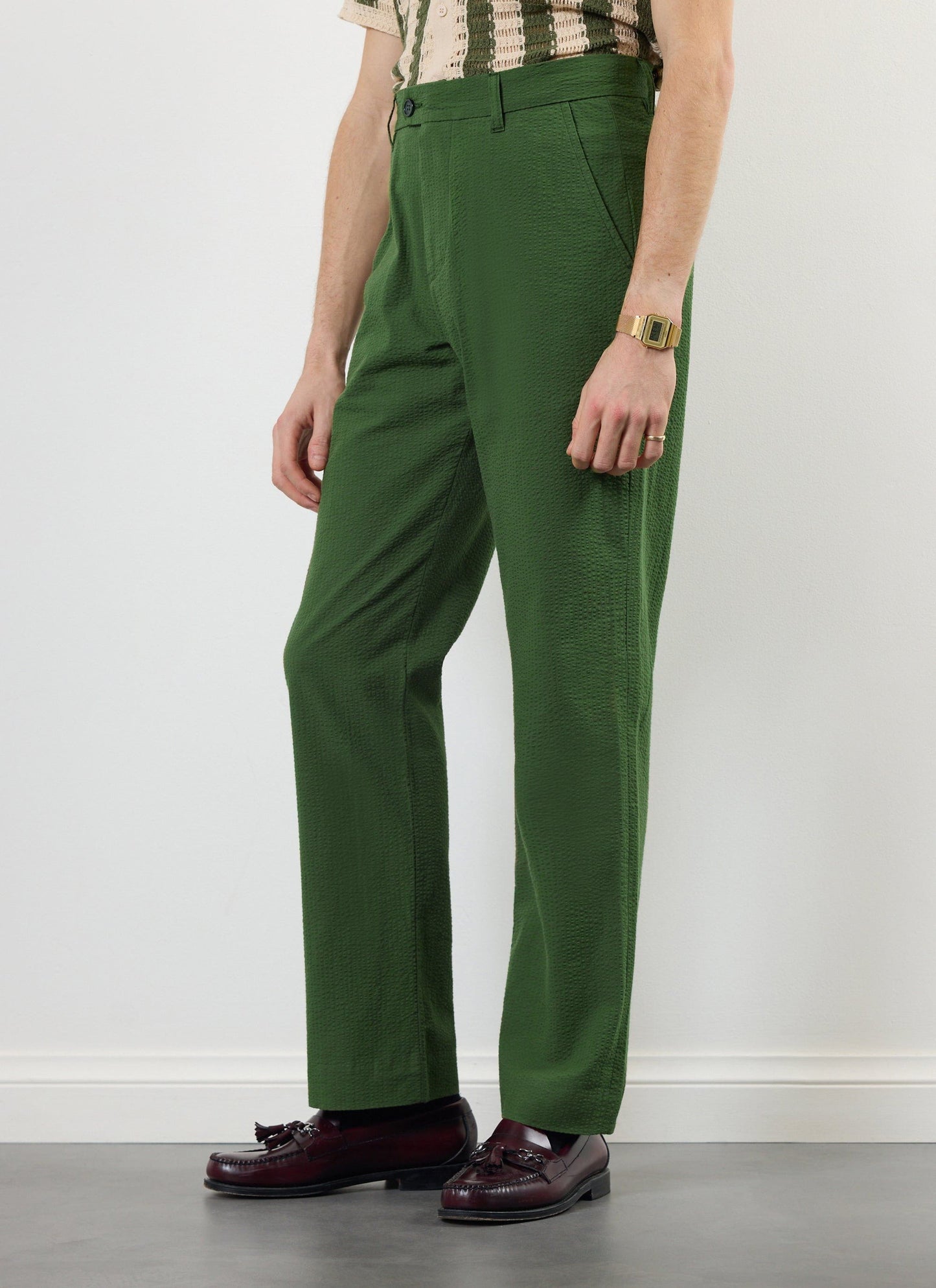 Percival Tailored Seersucker Trousers Dark Green