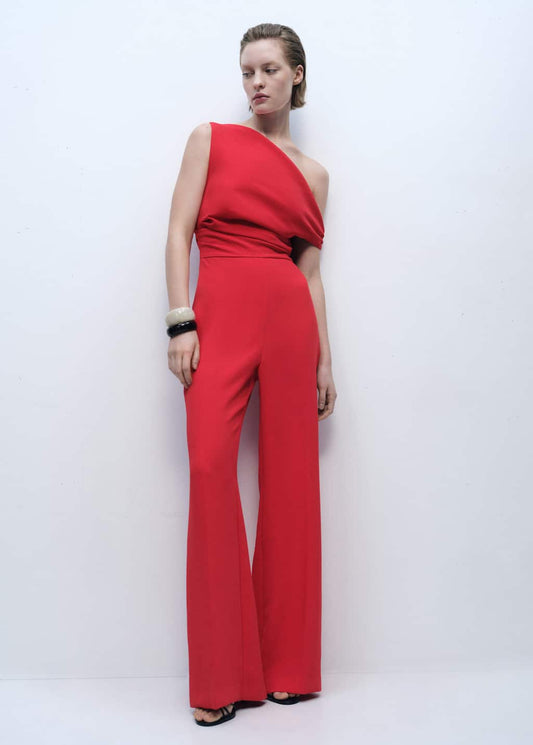Mango Long asymmetrical draped jumpsuit red - Woman -