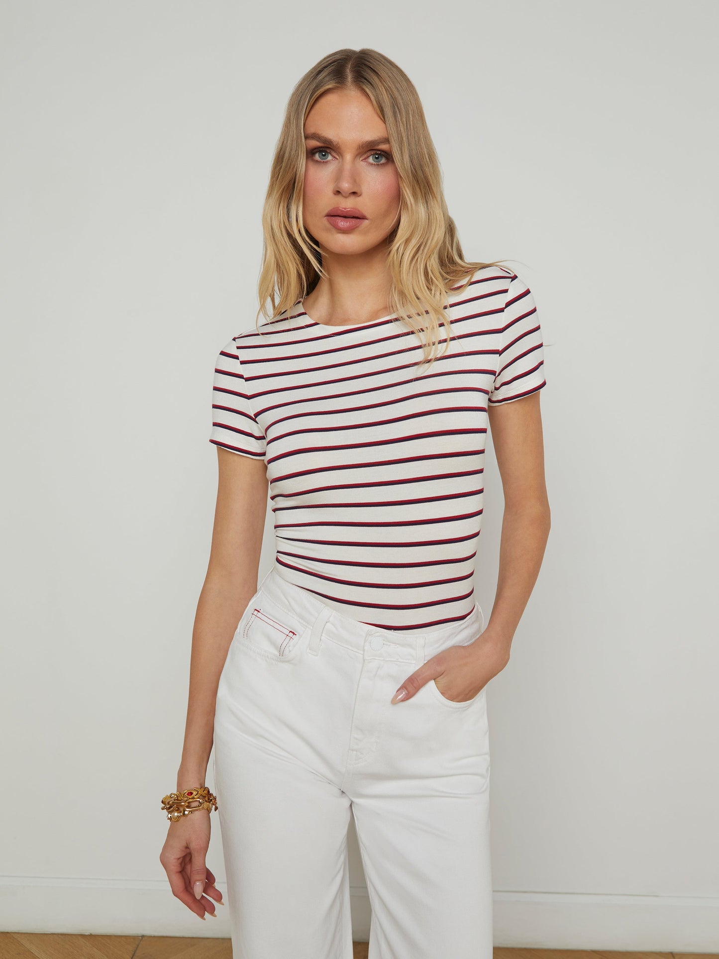 L'AGENCE Ressi Fitted T-Shirt In Red/Navy/White Stripe