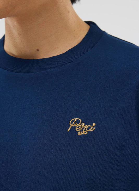 Percival Perci Chainstitch t Shirt Organic Cotton Navy