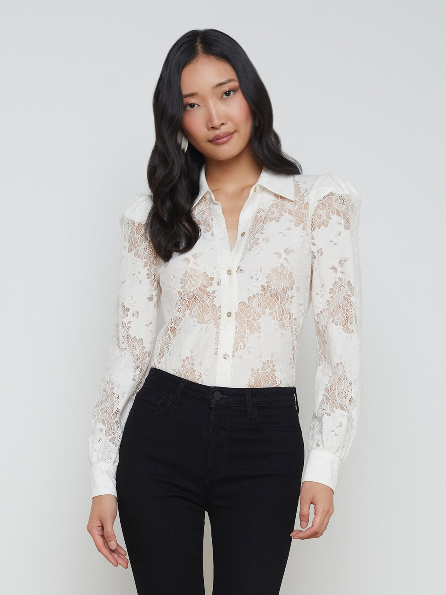 L'AGENCE Jenica Lace Blouse Top In Ivory