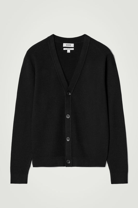 Cos TEXTURED KNITTED COTTON V-NECK CARDIGAN