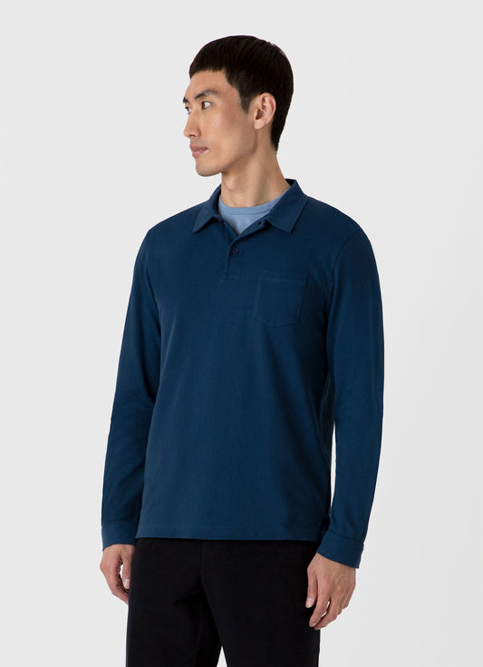 Sunspel Men's Long Sleeve Riviera Polo Shirt in Naval Blue