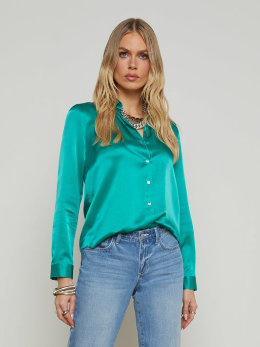 L'AGENCE Tyler Silk Blouse Top In Bright Jade