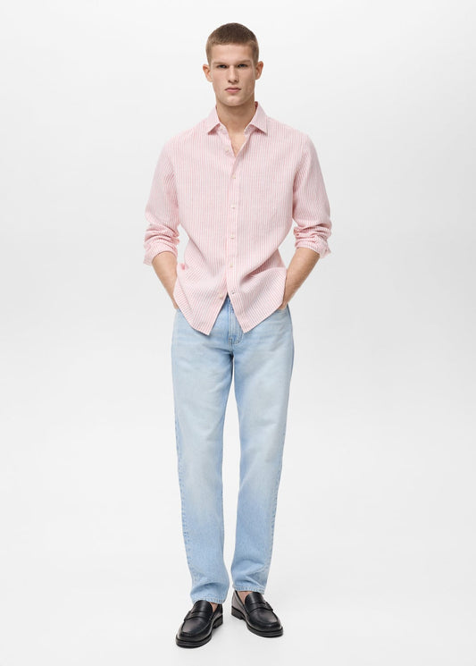 Mango Regular fit striped linen shirt light pink - Man -