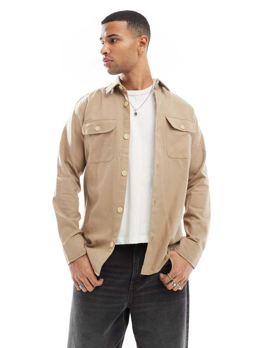 Jack & Jones flannel overshirt in beige-Neutral