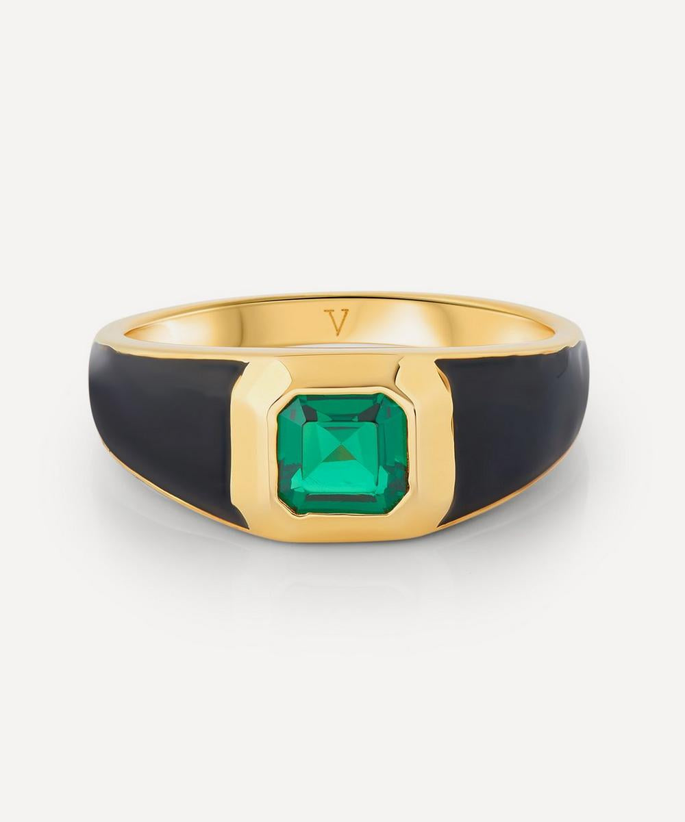 V By Laura Vann 18ct Gold-Plated Vermeil Silver Sophie Black Enamel and Emerald Signet Ring