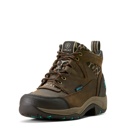 Women's Terrain Waterproof Boots in Chocolate Camo Leopard Leather, B Medium Width, Size 3.5, by Ariat