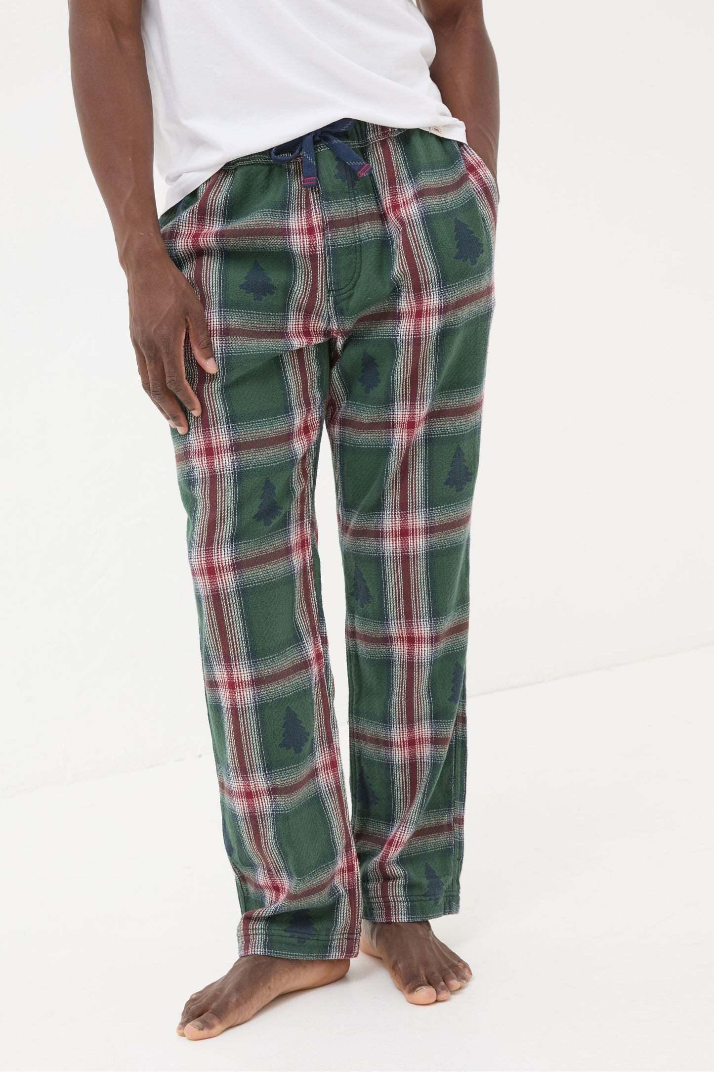 Fat Face Green Christmas Tree Check Pyjama Bottoms