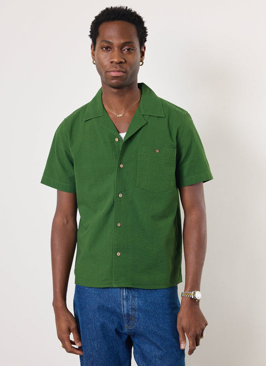 Percival Cuban Shirt Seersucker Dark Green