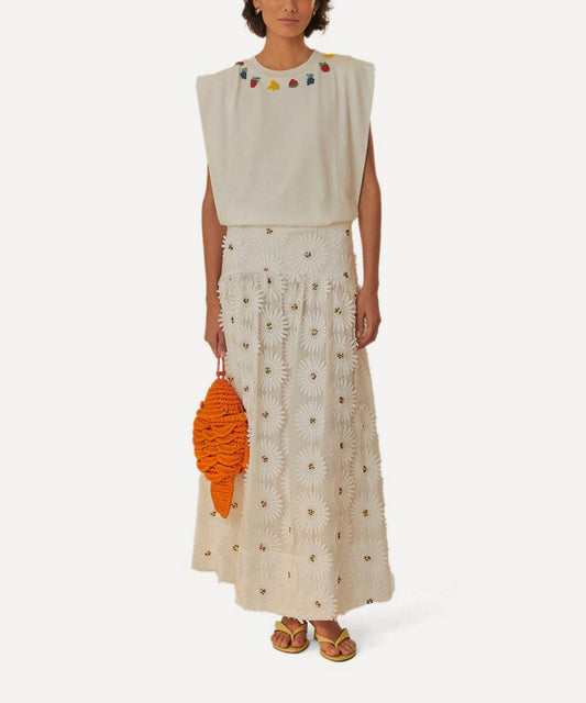 FARM Rio Women's White Daisy 3D Flower Embroidered Maxi Skirt XS