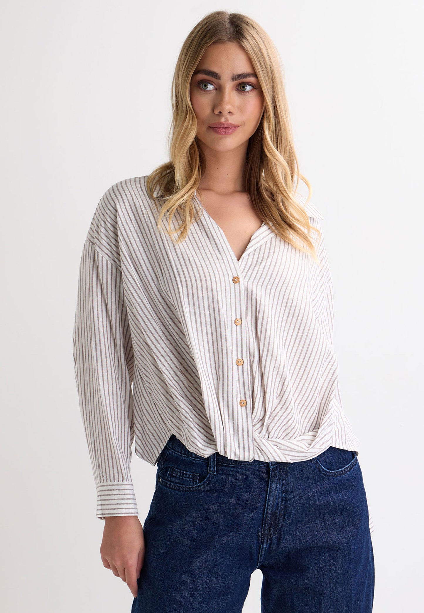 Peacocks Womens Stone Stripe Lurex Twist Hem Shirt