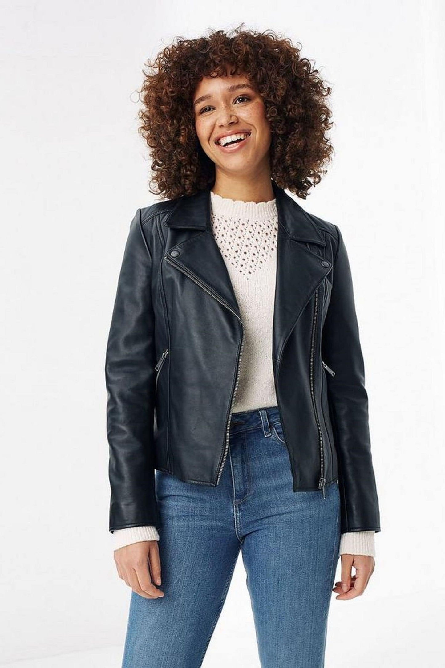 Fat Face Black Leather Bethany Biker Jacket