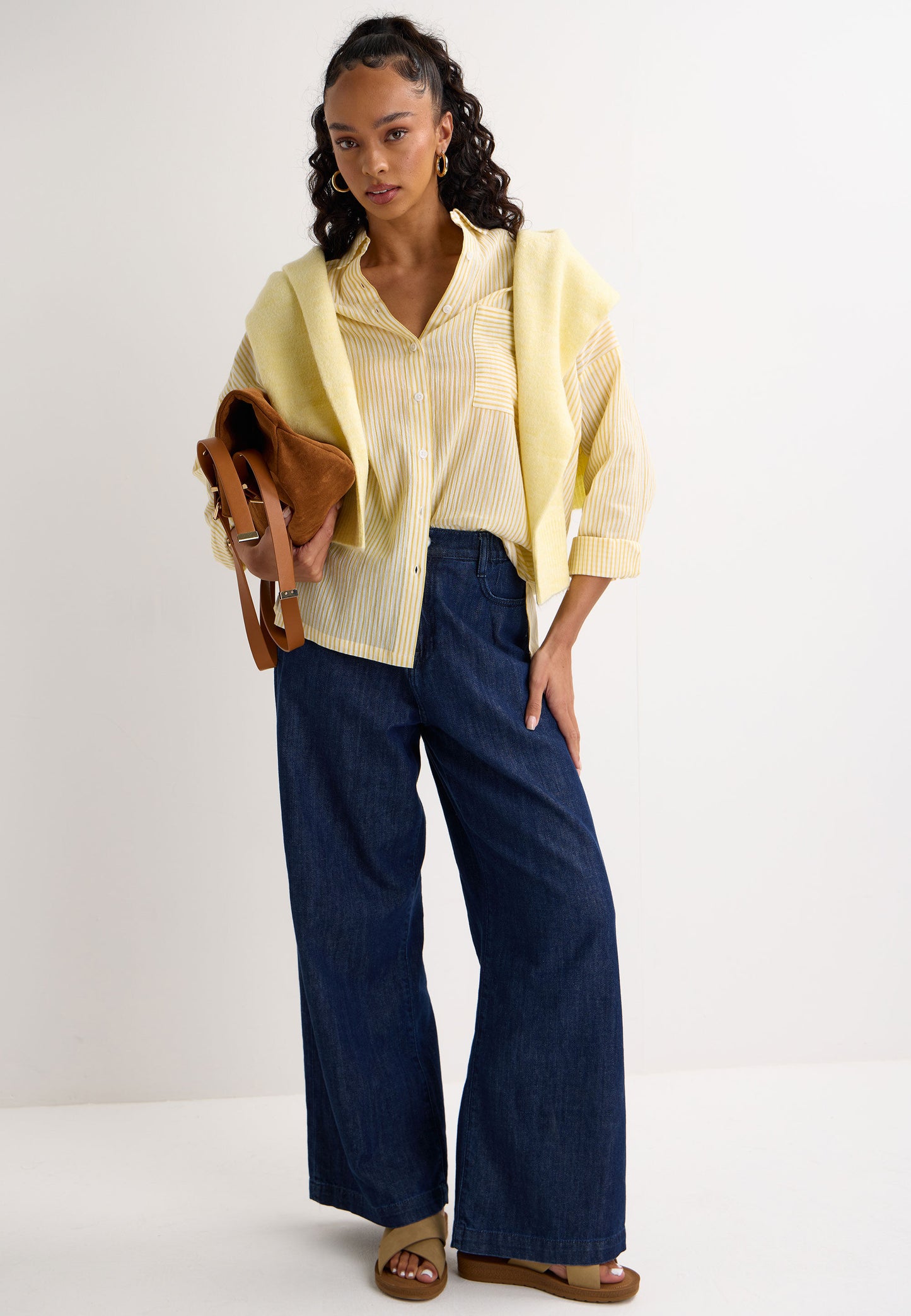 Peacocks Womens Lemon Stripe Crinkle Long Sleeve Shirt