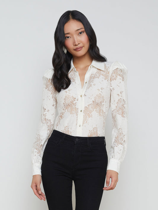 L'AGENCE Jenica Lace Blouse Top In Ivory