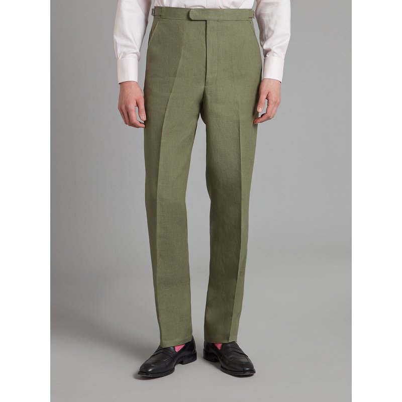 Oliver Brown Flat Front Linen Trousers - Sage Green