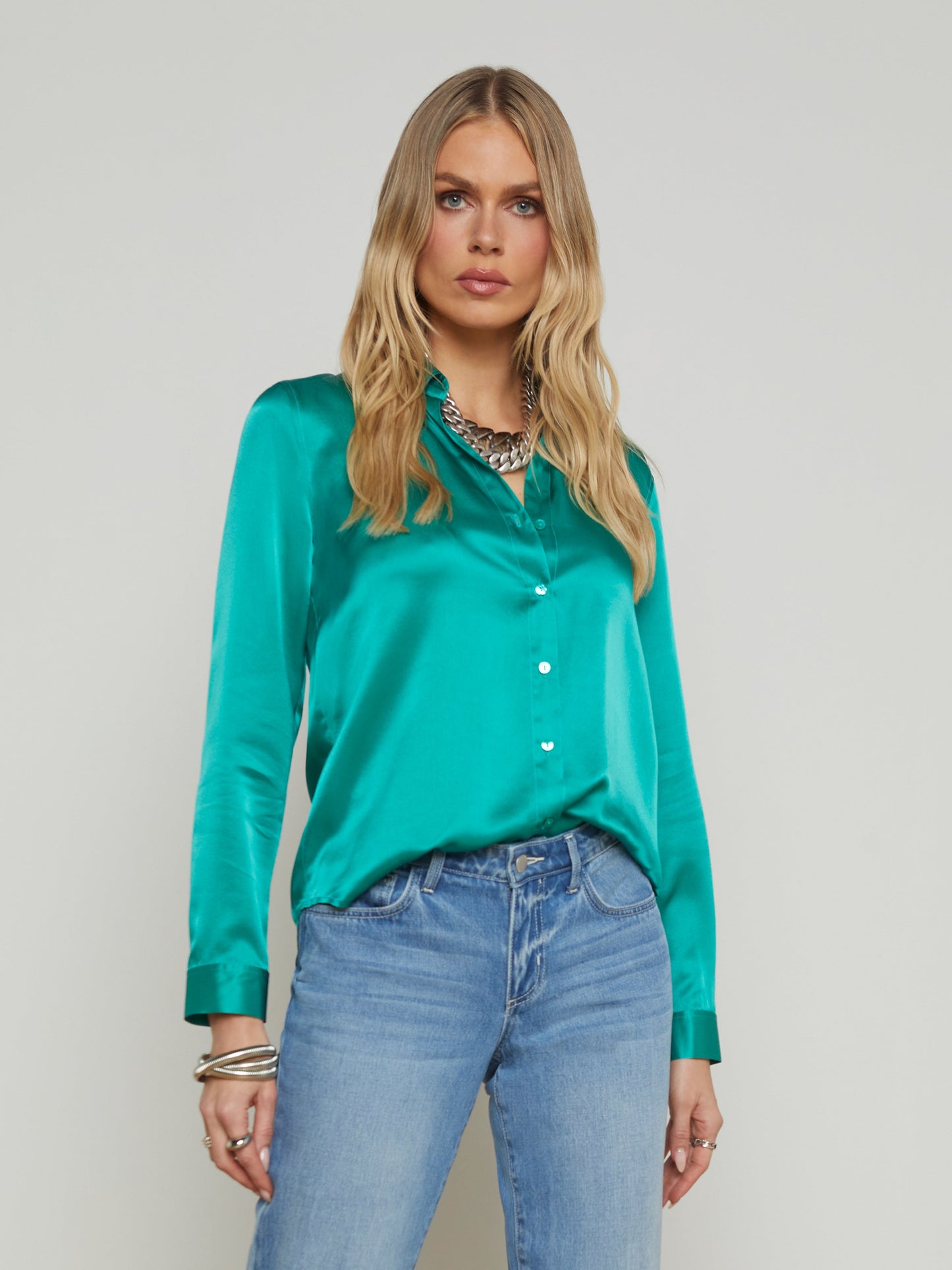 L'AGENCE Tyler Silk Blouse Top In Bright Jade
