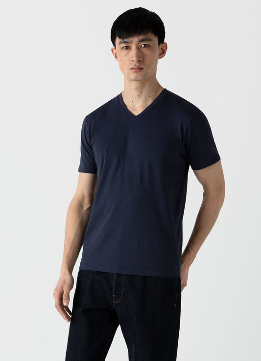 Sunspel Men's Riviera Midweight V-neck T-shirt in Navy