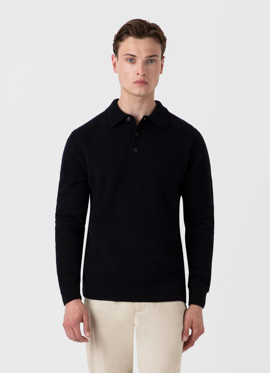 Sunspel Men's Lambswool Polo Shirt in Dark Navy Mouline