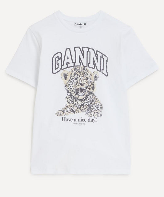 Ganni Women's White Basic Jersey Leopard Relaxed T-Shirt XXS