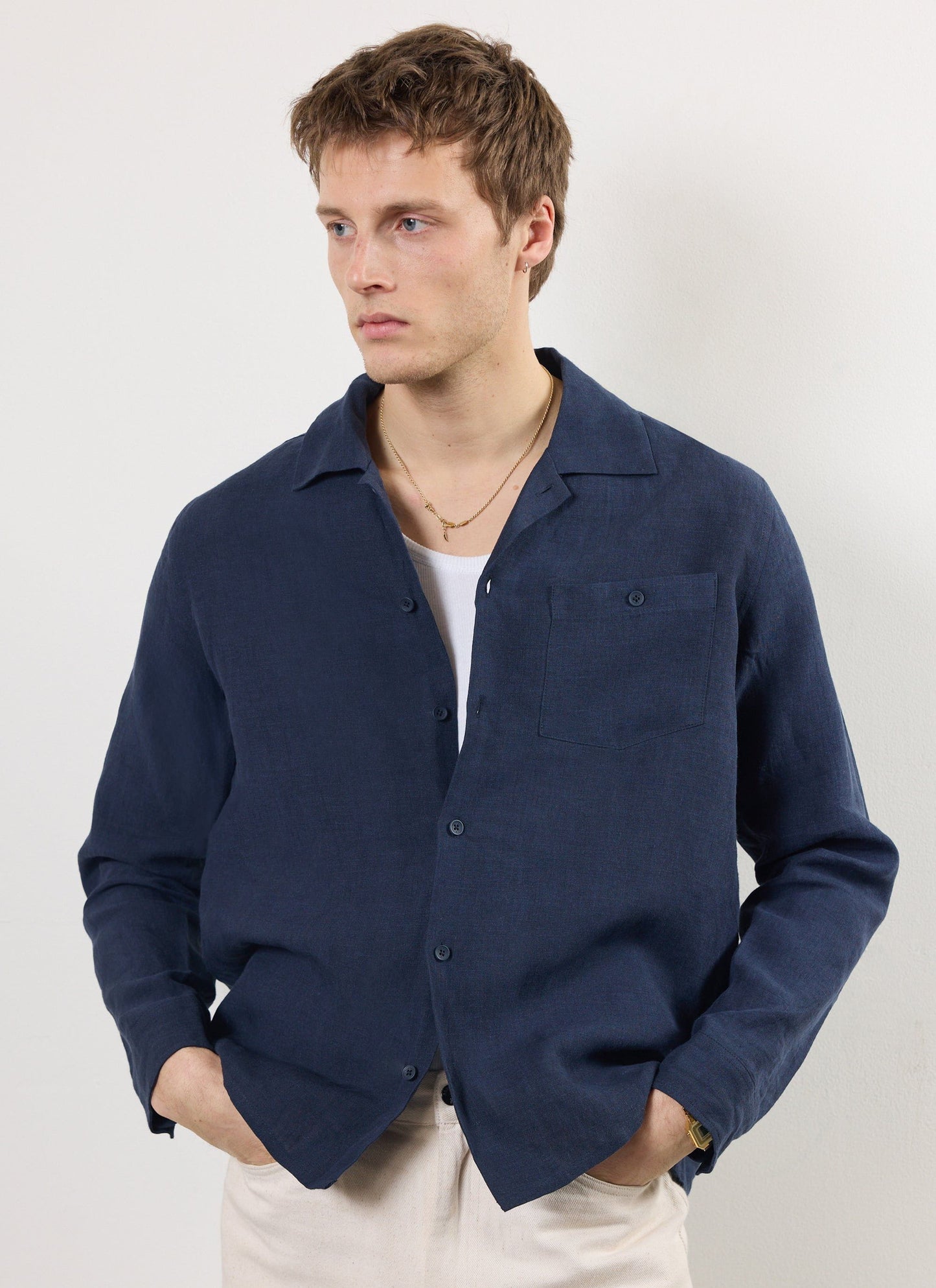 Percival Long Sleeve Cuban Linen Shirt Navy