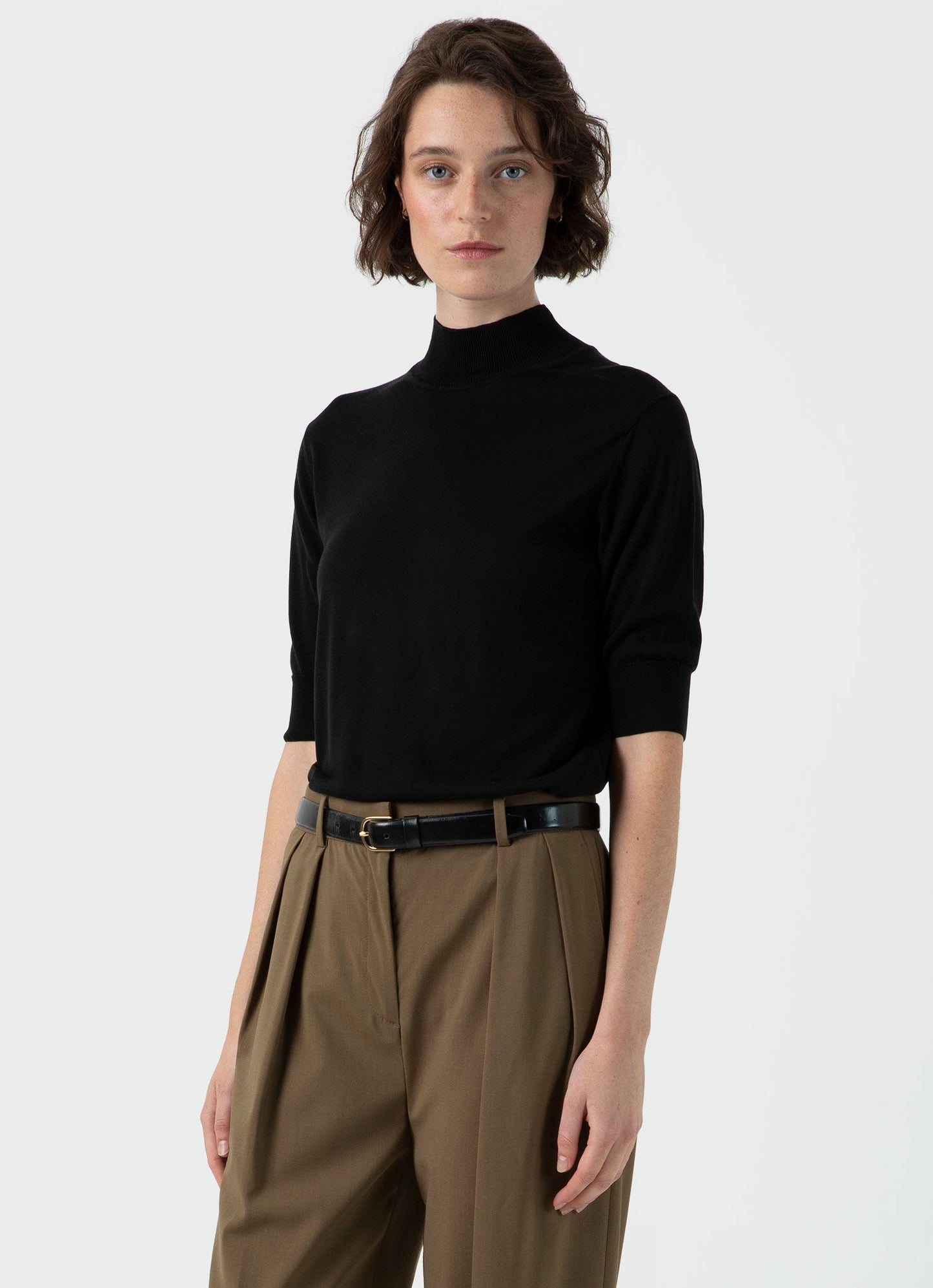 Sunspel Women's Mulberry Silk Mock Neck Top in Black