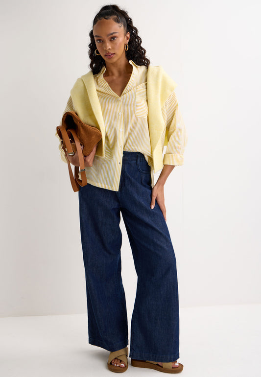 Peacocks Womens Lemon Stripe Crinkle Long Sleeve Shirt