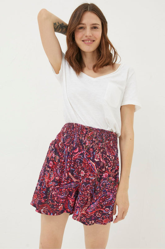 Fat Face Bright Purple Paisley Shirred Waist Shorts